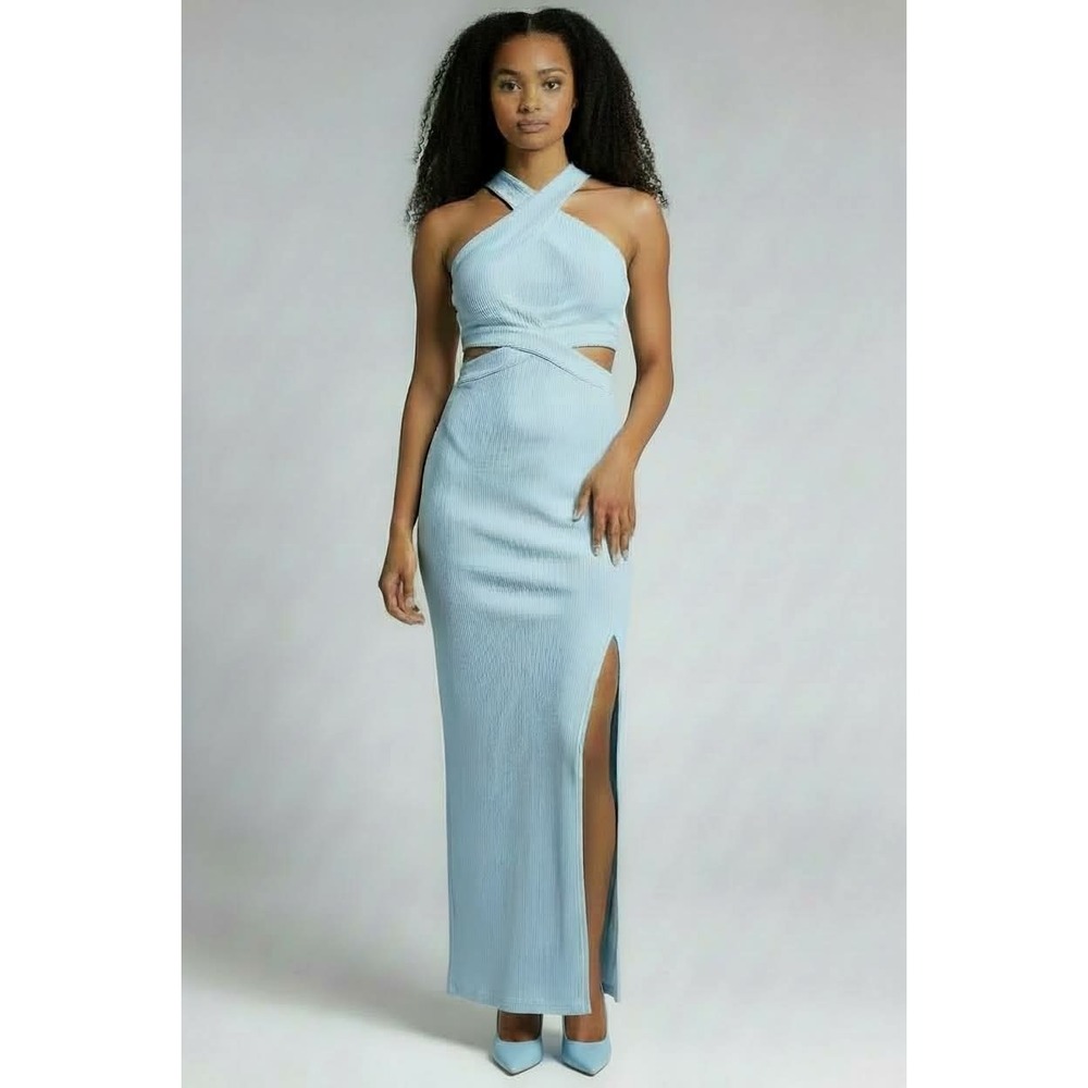 NWT Commense Baby Blue Halter Neck Side & Back Cutout Maxi Dress Size S